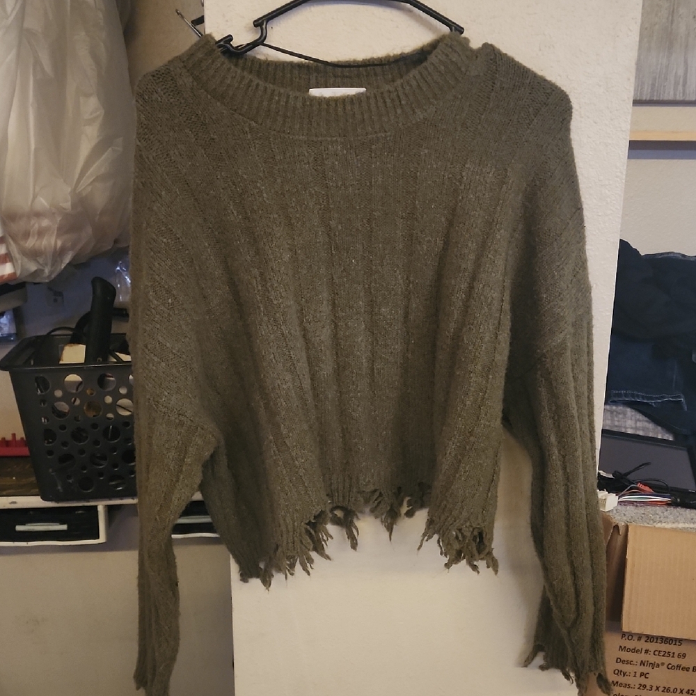 Double Zero Olive Green Distressed Cropped Crew Sweater